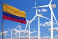 Colombia alternative energy, wind energy industrial concept with windmills and flag industrial illustration - renewable