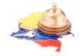 Colombia booking concept. Flag with hotel key and reception bell Royalty Free Stock Photo