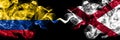 Colombia, Colombian vs Alabama, Alabamian smoky mystic flags placed side by side. Thick colored silky abstract smokes flags