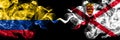 Colombia, Colombian vs United Kingdom, Great Britain, British, Jersey smoky mystic flags placed side by side. Thick colored silky
