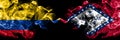 Colombia, Colombian vs United States of America, America, US, USA, American, Arkansas, Arkansan smoky mystic flags placed side by