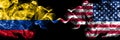 Colombia, Colombian vs United States of America, America, US, USA, American smoky mystic flags placed side by side. Thick colored Royalty Free Stock Photo