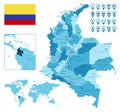 Colombia detailed administrative blue map with country flag and location on the world map.