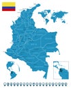 Colombia - detailed blue country map with cities, regions, location on world map and globe. Infographic icons