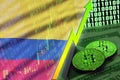 Colombia flag and cryptocurrency growing trend with two bitcoins on dollar bills and binary code display