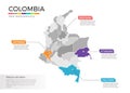 Colombia map infographics vector template with regions and pointer marks