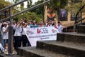 Colombia - May 1, 2023: Organizations gathered in Parque de los Deseos to support labor rights