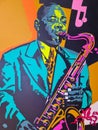 Colombia, Medellin, painting of John Coltrane playing the sax