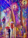 Colombia, Medellin, painting representing couples walking in the park in the rain