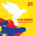 Colombia`s independence day. July 20. National Patriotic holiday of liberation in Latin America. White pigeon in flight Royalty Free Stock Photo