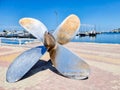 Colombia, Santa Marta, large metal naval propeller on the quay of the port