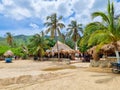 Colombia, Santa Marta, restaurants on Taganga beach with thatched roof