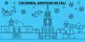 Colombia, Santiago de Cali winter holidays skyline. Merry Christmas, Happy New Year decorated banner with Santa Claus