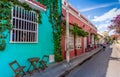 Colombia, Scenic colorful streets of Cartagena in historic Getsemani district near Walled City, Ciudad Amurallada