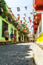 Colombia, Scenic colorful streets of Cartagena in historic Getsemani district