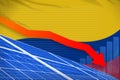 Colombia solar energy power lowering chart, arrow down - green natural energy industrial illustration. 3D Illustration