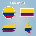 Colombia vector set, detailed country shape with region borders, flags and icons Royalty Free Stock Photo
