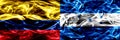 Colombia vs Honduras, Honduran smoke flags placed side by side. Thick colored silky smoke flags of Colombian and Honduras, Hondura