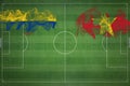 Colombia vs Vietnam Soccer Match, national colors, national flags, soccer field, football game, Copy space