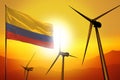 Colombia wind energy, alternative energy environment concept with wind turbines and flag on sunset industrial illustration -