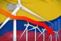 Colombia wind energy power lowering chart, arrow down - modern natural energy industrial illustration. 3D Illustration