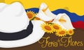 Colombian Arriero Hat, Flag and Floral Arrangement for Flowers Festival, Vector Illustration