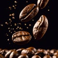 Colombian coffee beans floating in slow motion. Illustration created with AI. Royalty Free Stock Photo