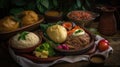Colombian food is diverse and influenced by indigenous,(a platter of beans, rice, meat, and more).