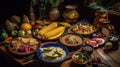 Colombian food is diverse and influenced by indigenous,(a platter of beans, rice, meat, and more).