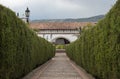 Colombian Guatavita town beautiful shot of a pine trees peatonal path with an old white ar