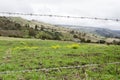 Landscape seen through a barbed wire fence, mountainous meadow in different shades of green Royalty Free Stock Photo