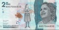 Colombian money bill of 2 thousand Colombian pesos. In the image of the banknote is the illustration of the colombian artist