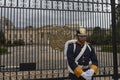 Colombian Presidential guard young soldier with colombian presidential palace at background