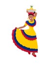 A Colombian woman in flag colored traditional costume dancing happily with the bowl of tropical fruit on her head.