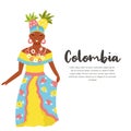 Colombian woman in traditional costume with fruits