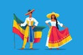 Colombians in national dress with a flag. Man and woman in traditional costume. Travel to Colombia. People. Vector flat