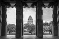 Colombo independence memorial hall and Western Provincial Council Secretariat seen through stone pillars. Black and white