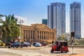 Building of Old Parliament Secretariat of the president Sri Lanka against the backdrop of modern skyscrapers