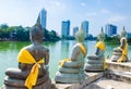 Colombo/Srilanka December 2019: Back of Buddha statues in Gangaramaya lake temple in Colombo Srilanka