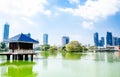 Colombo/Srilanka December 2019: VIew of Gangaramaya lake temple in Colombo Srilanka. City skyscrapersc can be seen behind