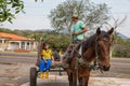Poor indigenous family in Paraguay with uniaxial carriage and horse. Royalty Free Stock Photo