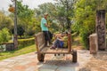 Poor indigenous family in Paraguay with uniaxial carriage and horse. Royalty Free Stock Photo