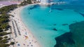 Colonia Sant Jordi, Mallorca Spain. Amazing drone aerial landscape of the charming Estanys beach. Caribbean colors Royalty Free Stock Photo