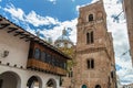 Colonial building with balcony and Cathedral in Cuenca, Ecuador Royalty Free Stock Photo