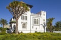 Colonial building with a white facade with green tiles surrounded by trees, palm trees and tall grass