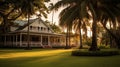 A colonial-era plantation house with a wide veranda and rows of palm trees. Royalty Free Stock Photo