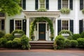 colonial home, central front door lined with an ivy covered porch
