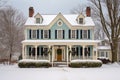 colonial house with dual chimneys, snowflakes falling gently around