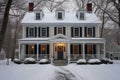 colonial house with dual chimneys, snowflakes falling gently around