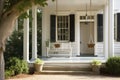 colonial house exterior with porch swing and lantern, portraying a tranquil and serene setting
